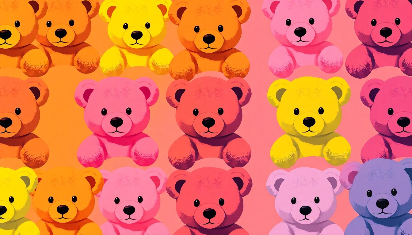A vibrant, high-contrast silkscreen print featuring a teddy bear toy repeated in a grid pattern, rendered in a bold, neon color palette that transforms the everyday object into modern pop art.