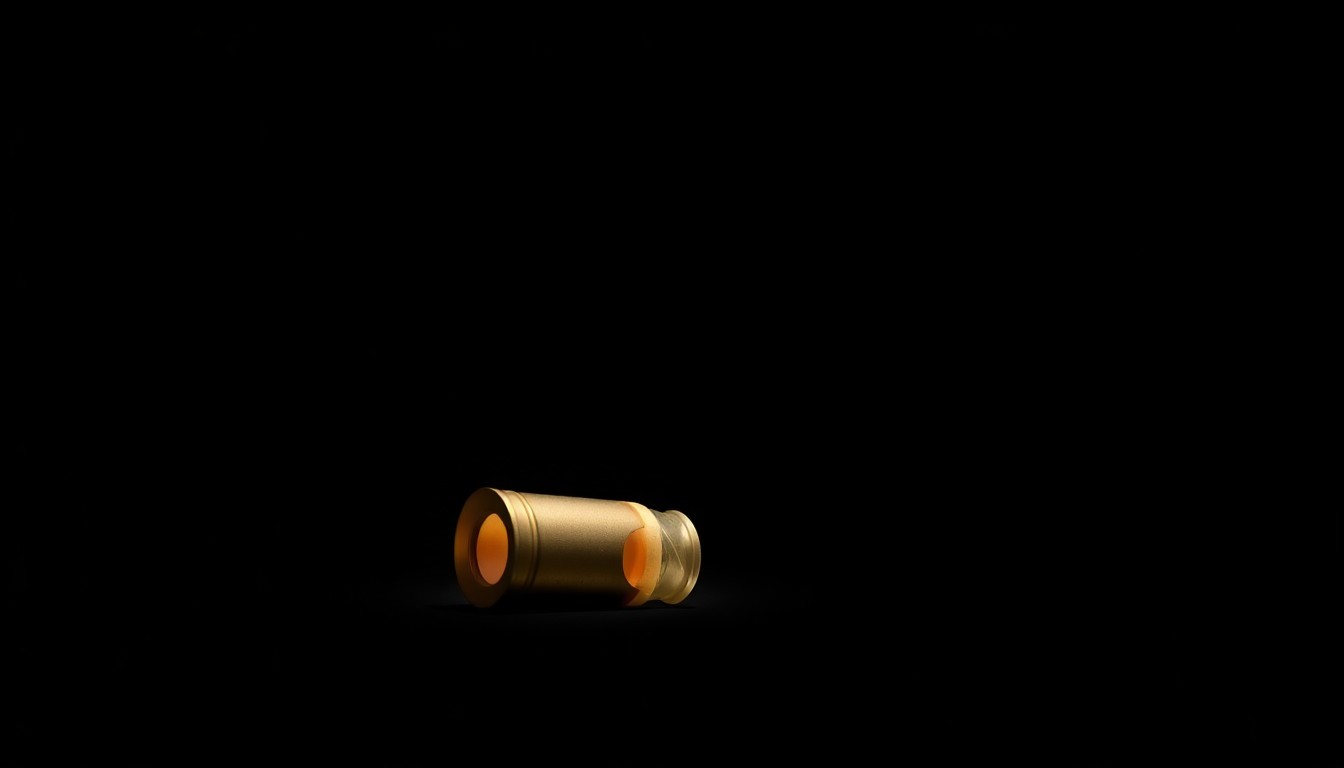 An extreme close-up photograph of a single spent shell casing, its metallic surface reflecting the harsh light of the camera flash against a pitch-black background, conceptually illustrating the sudden and violent nature of the Chick-fil-A shooting.