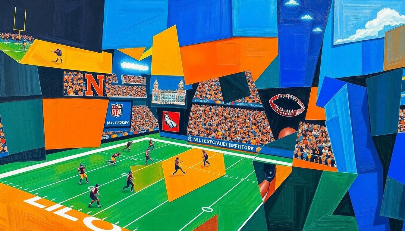 A fragmented, cubist-style painting depicting a football game or NFL draft scene, with sharp geometric shapes in vibrant colors representing the action and strategy on the field.