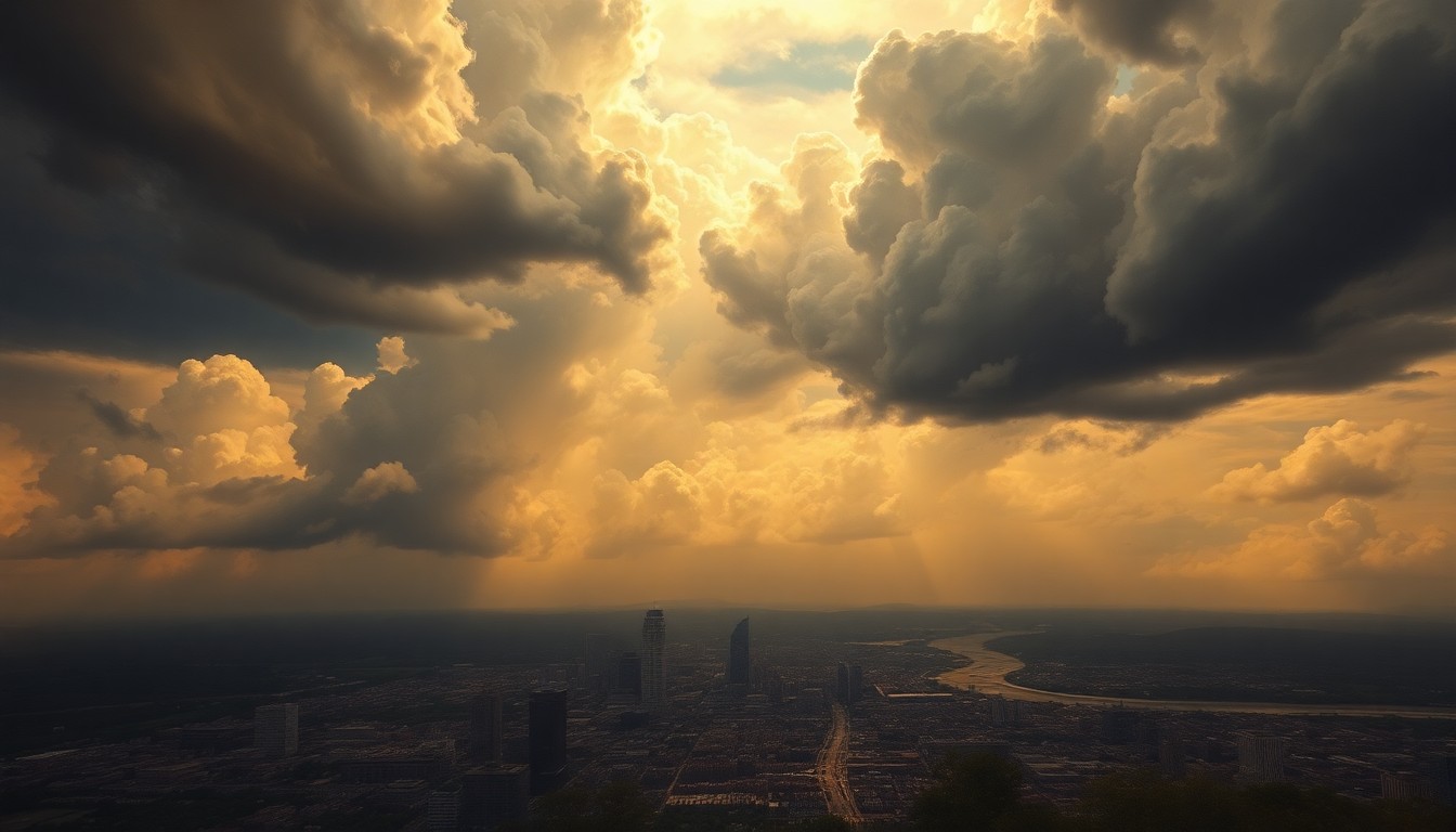 A sweeping, atmospheric landscape painting in muted tones of gray, blue, and gold, with the distant silhouette of Baltimore's skyline barely visible through the dramatic, swirling clouds and hazy light.