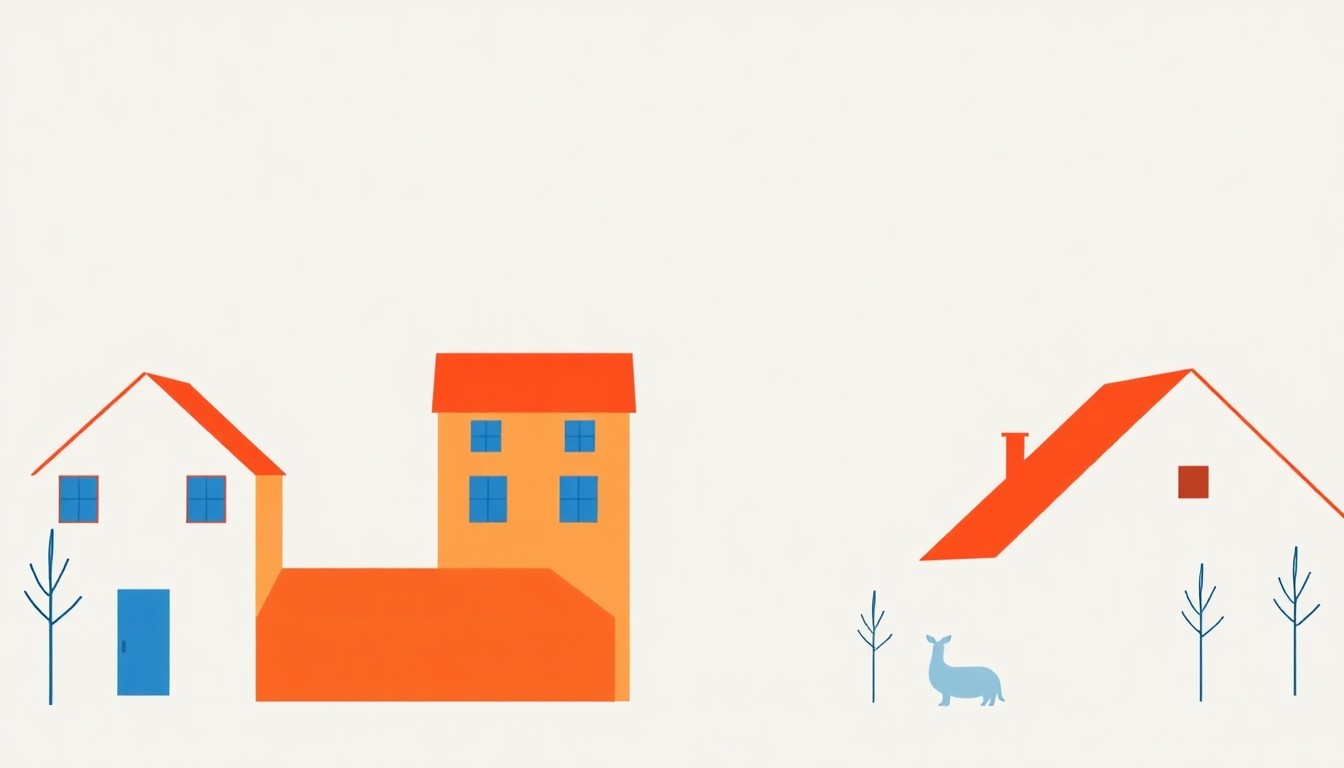 A geometric abstract illustration using bold shapes and primary colors to conceptually represent the idea of equitable home ownership and wealth distribution in a transit-oriented development.