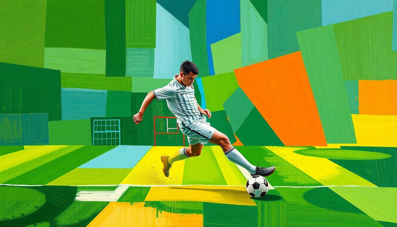 A fragmented, cubist-style painting depicting a soccer player in motion, with sharp geometric shapes and planes in bright green, blue, and orange hues.