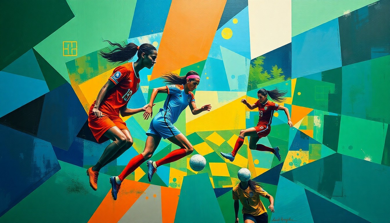 A cubist, geometric painting depicting a women's soccer match, with the players and field broken down into sharp, overlapping planes of color in shades of blue, green, and orange.