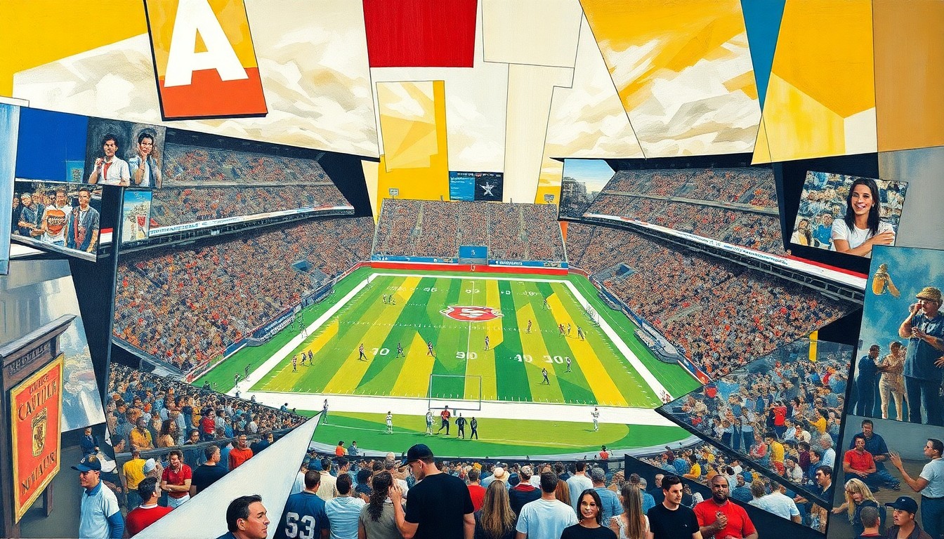 A cubist, geometric painting depicting fragmented and overlapping scenes of a football game, conveying the chaotic and tumultuous nature of the Aviators' season so far.