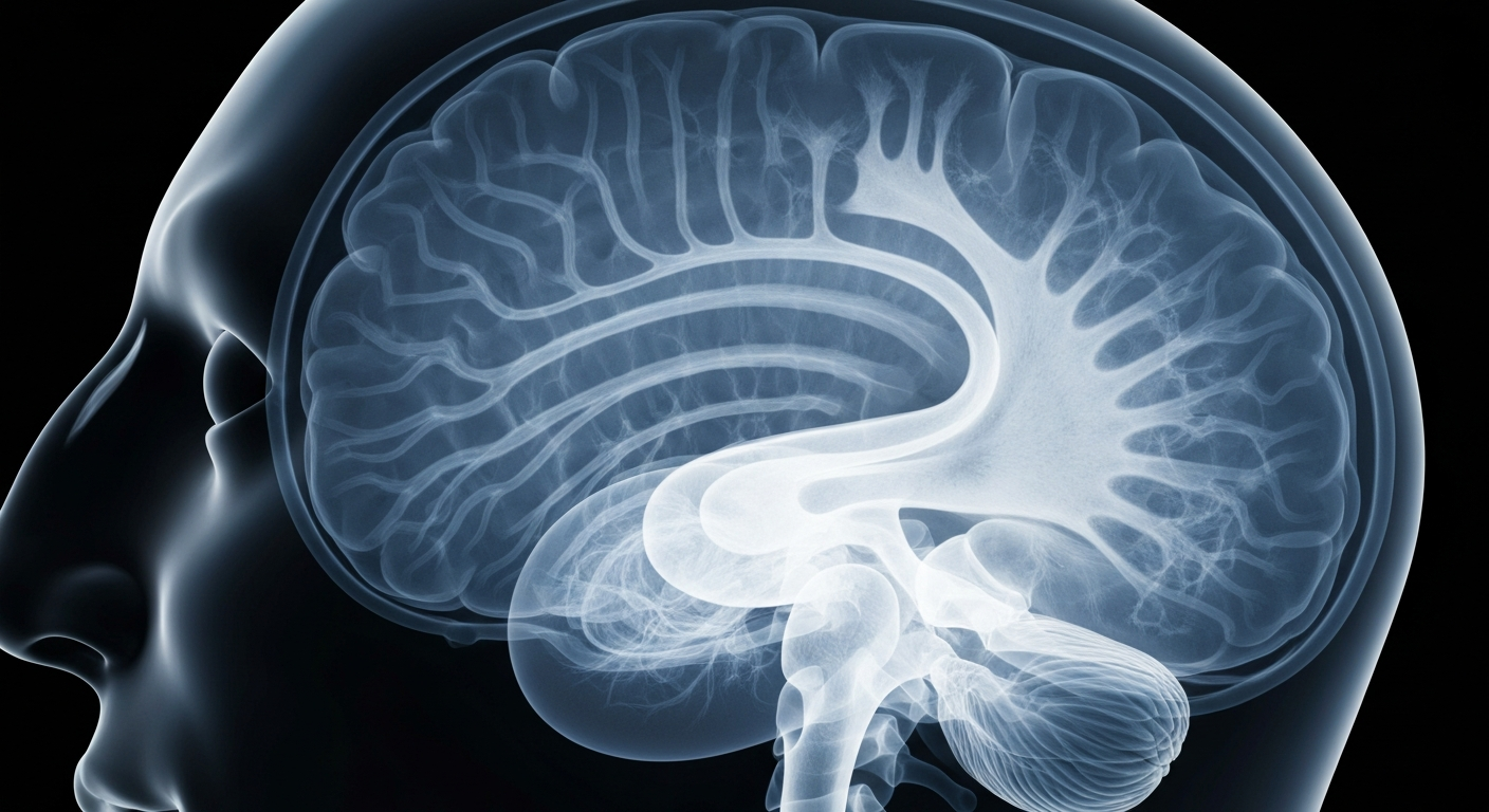 An extreme close-up X-ray photograph showing the intricate internal structures of a human brain and nervous system, rendered in ghostly, glowing lines against a dark background, conceptually representing the mental health and addiction challenges faced by Indigenous communities.