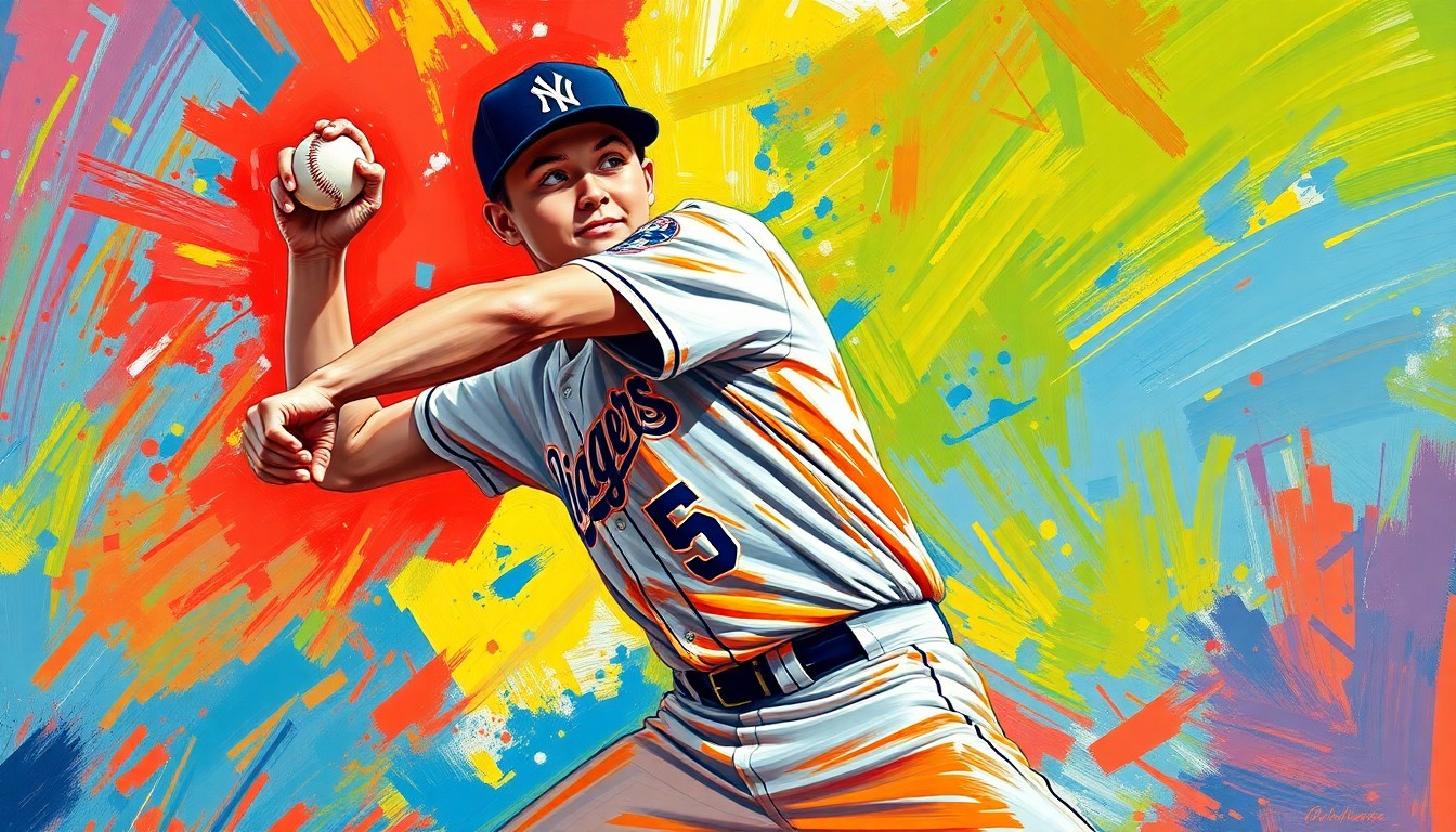 An abstract, energetic painting featuring bold brushstrokes of neon greens, blues, and oranges, capturing the dynamic motion and power of a baseball pitcher in the midst of his delivery.
