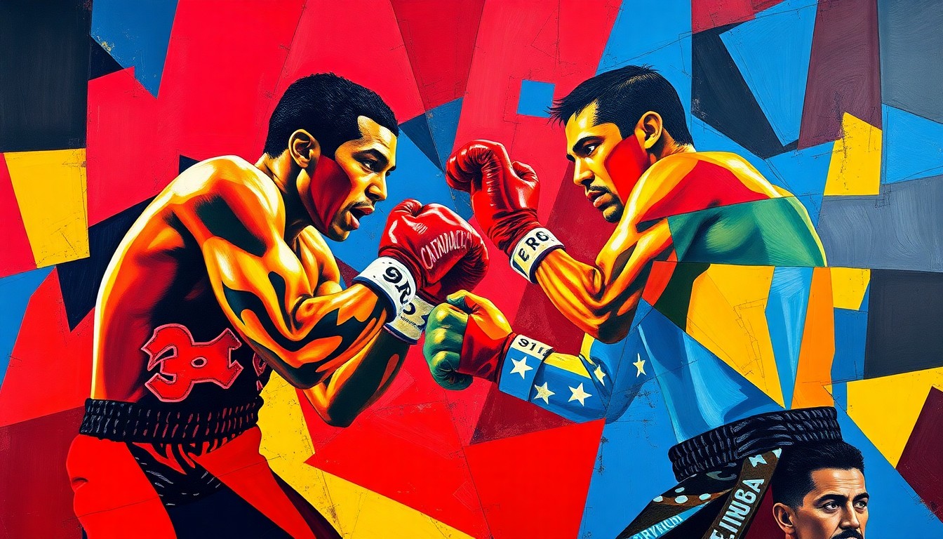 A fractured, cubist-style painting depicting an abstract boxing match, with sharp geometric shapes and planes of vibrant red, blue, and yellow colors, capturing the raw energy and drama of the potential title fight.