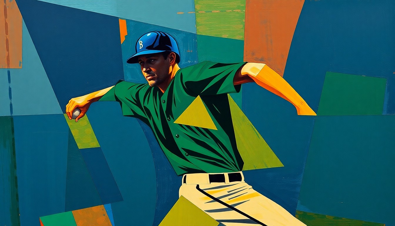 A cubist-style painting depicting a baseball pitcher's motion broken down into sharp, overlapping geometric shapes in navy blue, forest green, and burnt orange, conveying the complex and uncertain nature of a veteran player's free agent status.