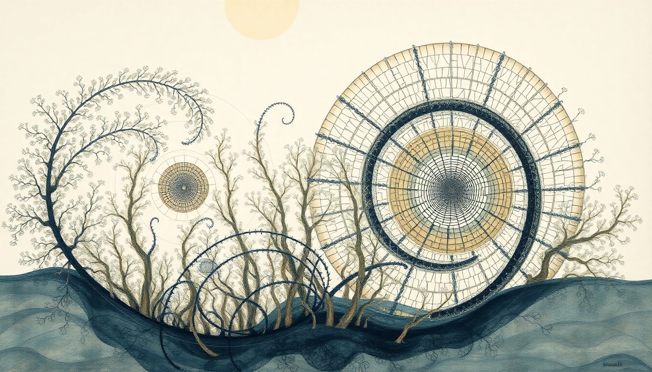 A highly structured abstract painting in soft greens, blues, and browns, depicting sweeping geometric arcs, concentric circles, and precise botanical spirals, conceptually representing the complex interconnections within a marine ecosystem.