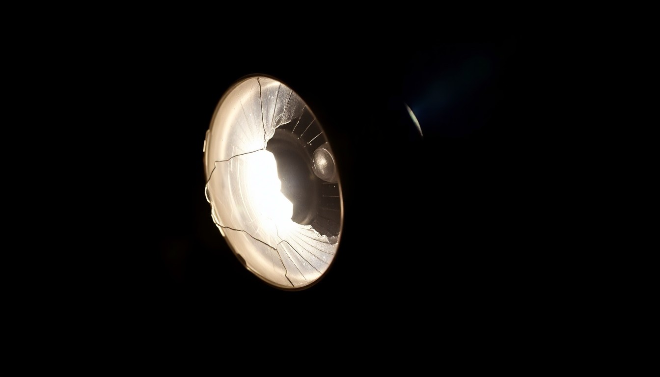 An extreme close-up photograph of a damaged motorcycle part, such as a cracked mirror or crushed turn signal, lit by a harsh, direct camera flash against a pitch-black background, conceptually illustrating the aftermath of a fatal motorcycle crash.
