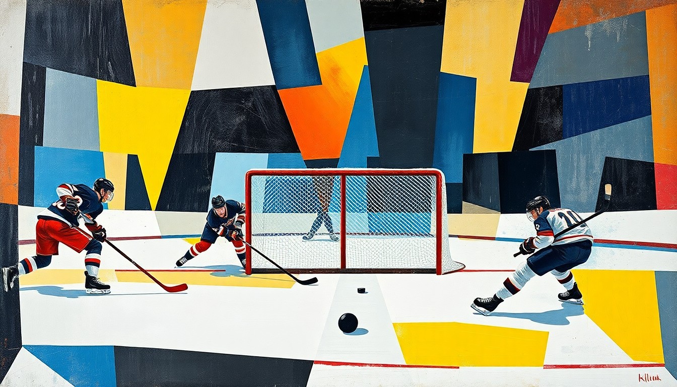 A fractured, cubist-style painting depicting the intense action of a hockey game, with the players and the puck rendered as abstract geometric shapes and angles, capturing the dynamic energy and tension of the match.