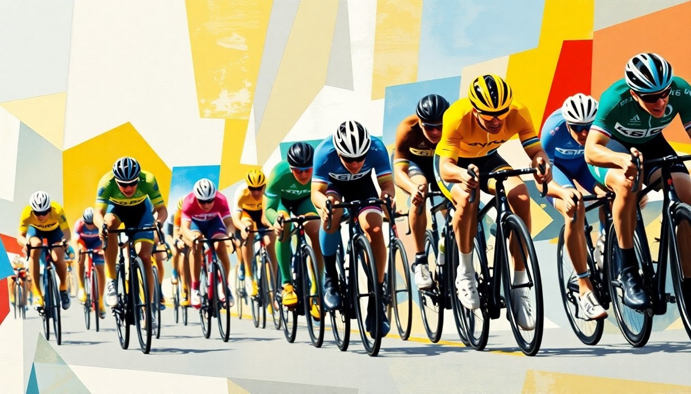 A fractured, multi-perspective painting in the style of Pablo Picasso, breaking down a cycling sprint finish into sharp, overlapping geometric planes. The riders' forms are abstracted into angular shapes, with a sense of speed and motion, captured in a vibrant color palette.