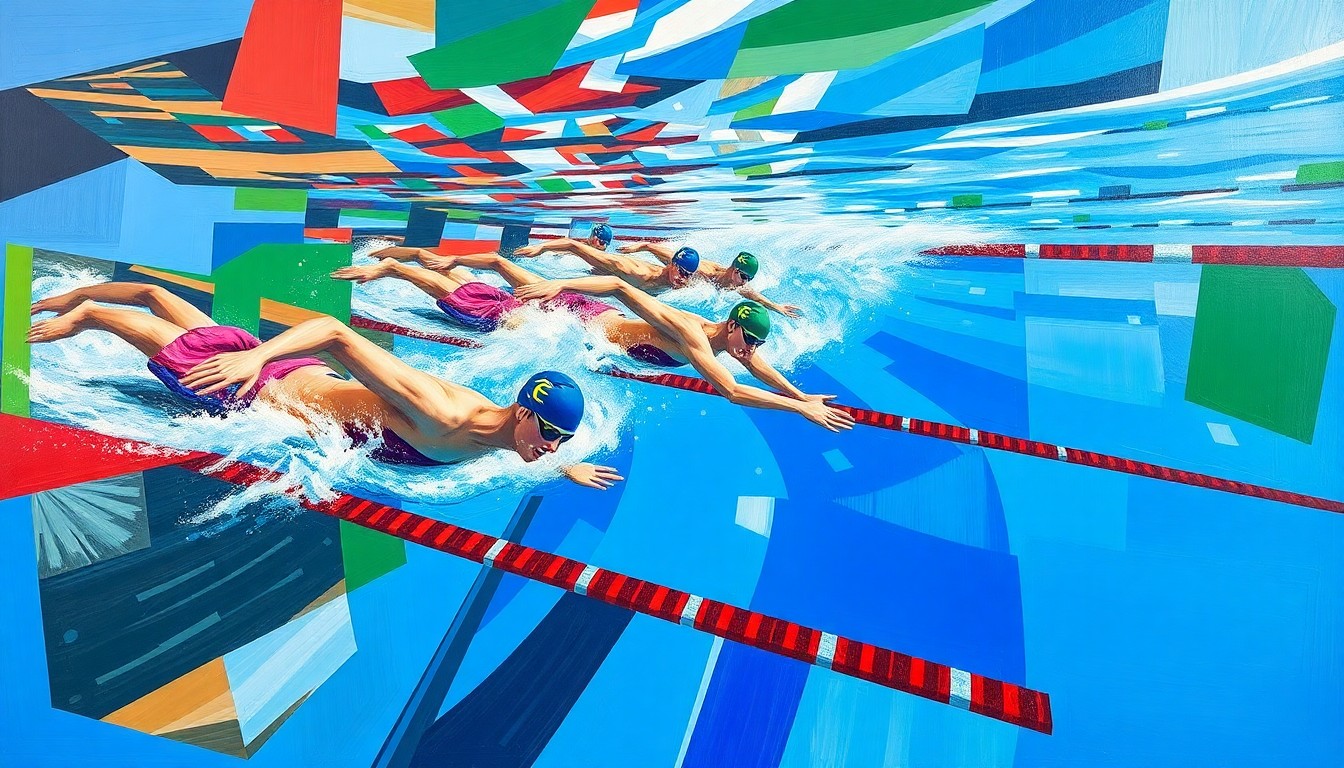 A cubist-style painting depicting a swimming race or competition, with the swimmer's movements and the pool environment broken down into sharp, overlapping geometric shapes in vibrant colors.