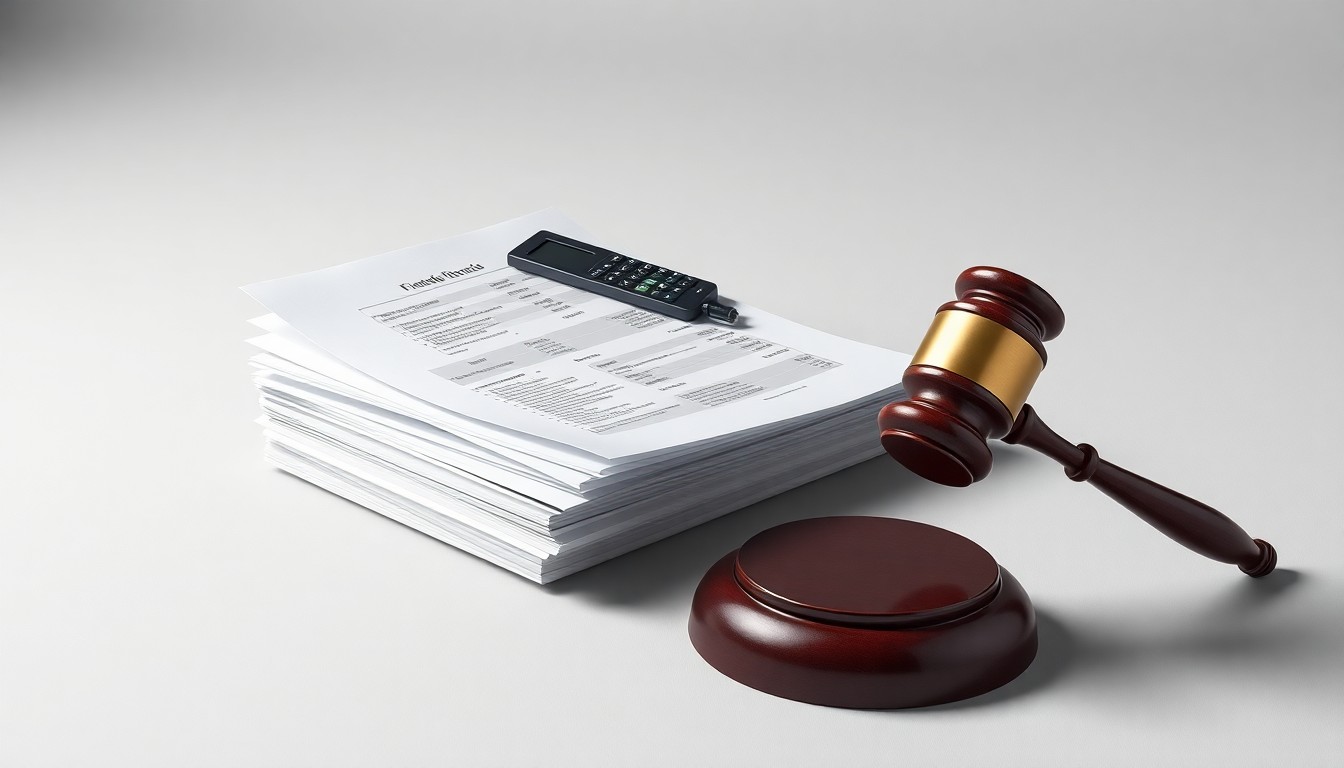 A minimalist studio photograph featuring a stack of financial documents, a calculator, and a gavel floating on a clean, monochromatic background, symbolizing the abstract corporate strategy and legal proceedings surrounding the Global Engine Group investigation.