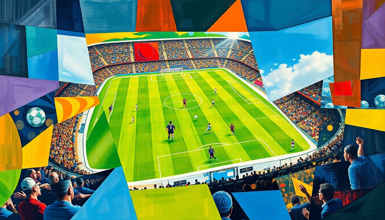 A cubist, geometric painting depicting a soccer match or competition, with players and the field broken down into sharp, overlapping planes of color and shape, conveying the intensity and complexity of the game.