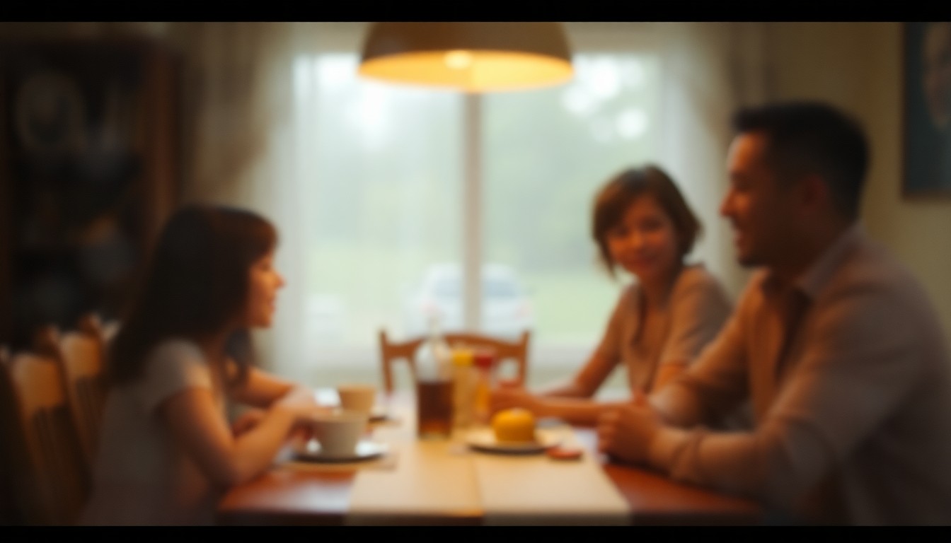 An impressionistic, out-of-focus photograph showing the blurred silhouettes of a family gathered around a kitchen table, their forms and faces obscured in a warm, hazy glow, conveying a sense of intimacy and connection.