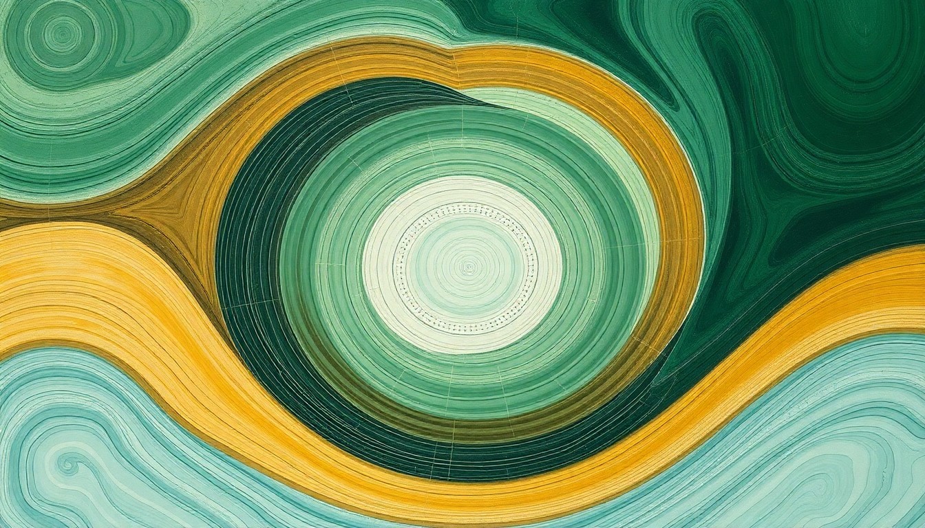 A highly structured abstract painting in earthy tones of green, blue, and brown, featuring sweeping geometric arcs, concentric circular patterns, and precise botanical or geological spirals, conceptually representing the interconnected systems of groundwater flows, aquifer levels, and water usage patterns in Stanislaus County.