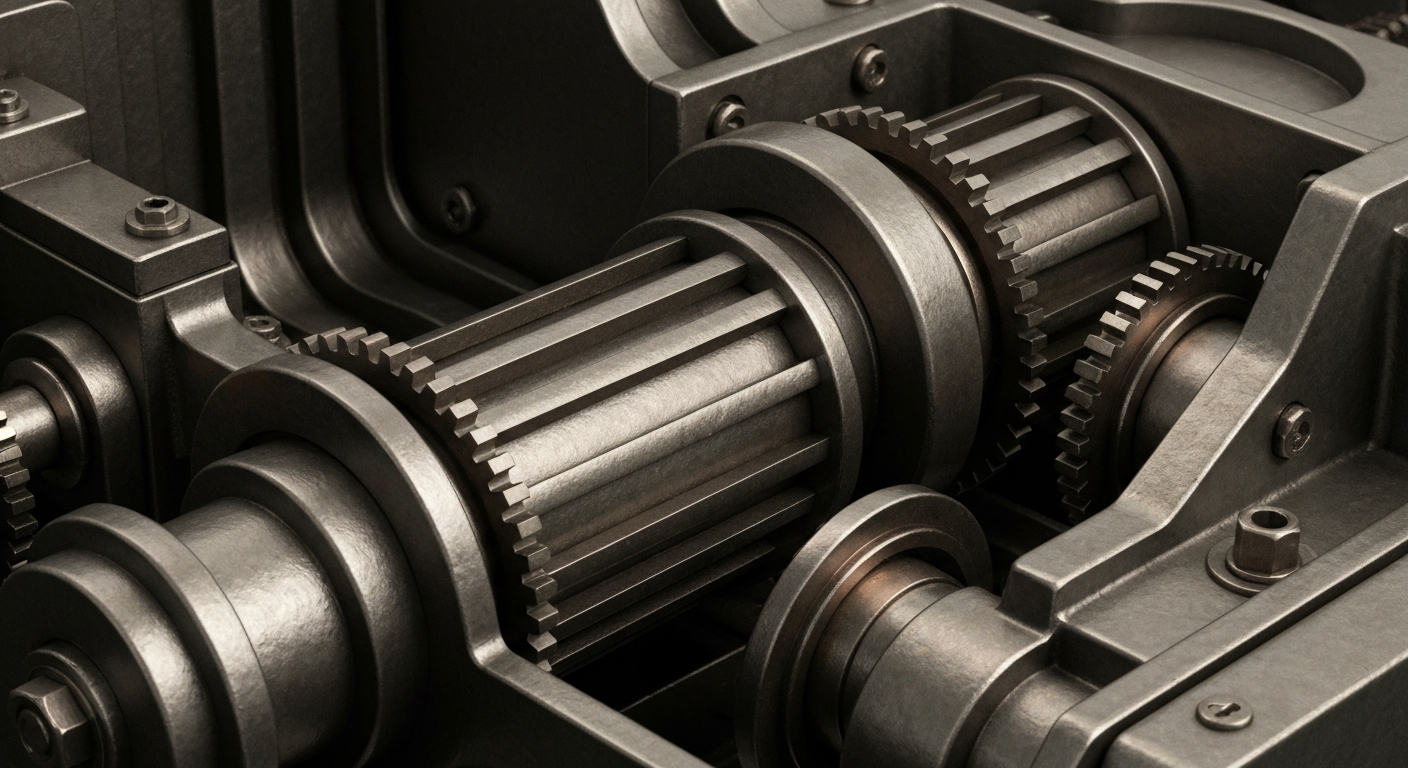 An extreme close-up of gears, levers, and other heavy industrial banking equipment, conveying the complex financial machinery behind a corporate bond exchange.