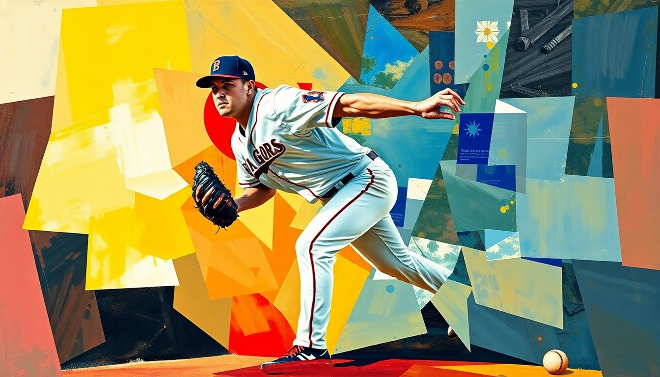 A fragmented, geometric painting depicting a relief pitcher in motion, with sharp, overlapping planes of color and form, capturing the dynamic and analytical nature of fantasy baseball relief pitcher streaming.
