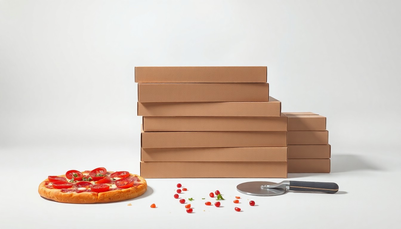 A minimalist, photorealistic studio still life featuring a stack of pizza boxes, a pizza cutter, and scattered toppings, symbolizing the quality and resilience of the Pizza Shoppe brand as it recovers from a fire and prepares to reopen at a new location.