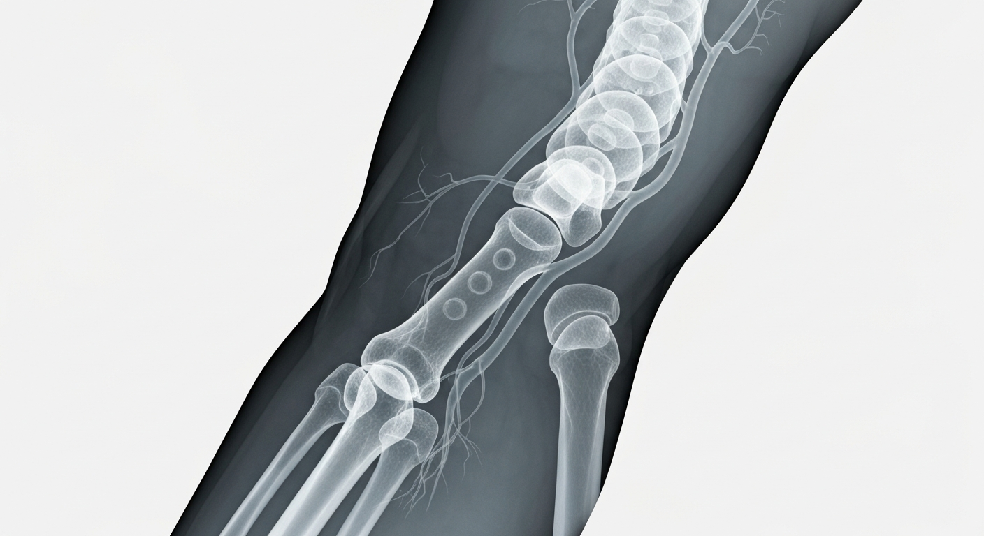 A ghostly, translucent X-ray image revealing the intricate network of blood vessels in a human leg, conceptually representing the recurring blood clot issues that have affected Deion Sanders.
