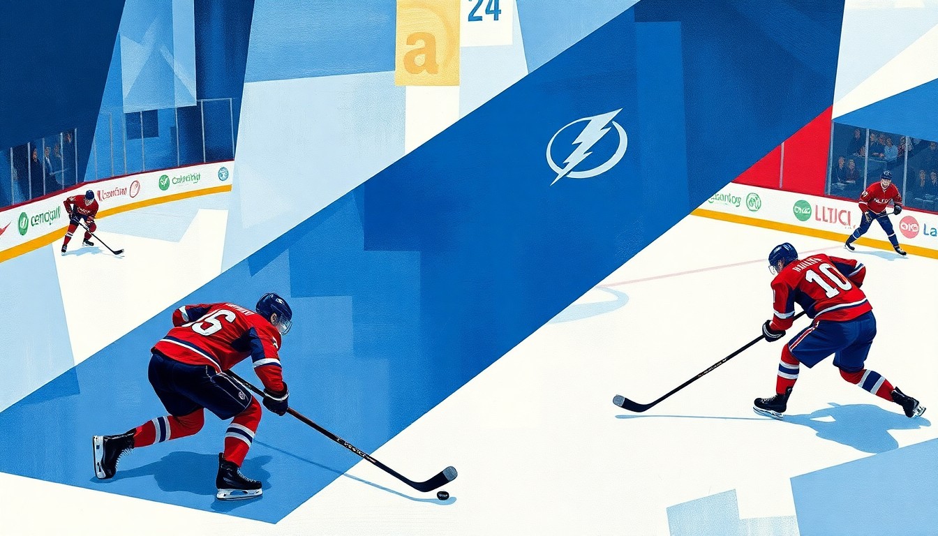 A cubist, geometric painting depicting a hockey game, with angular forms representing the players' movements and the puck's trajectory. The composition is fractured and multi-perspective, capturing the energy and dynamism of the sport.