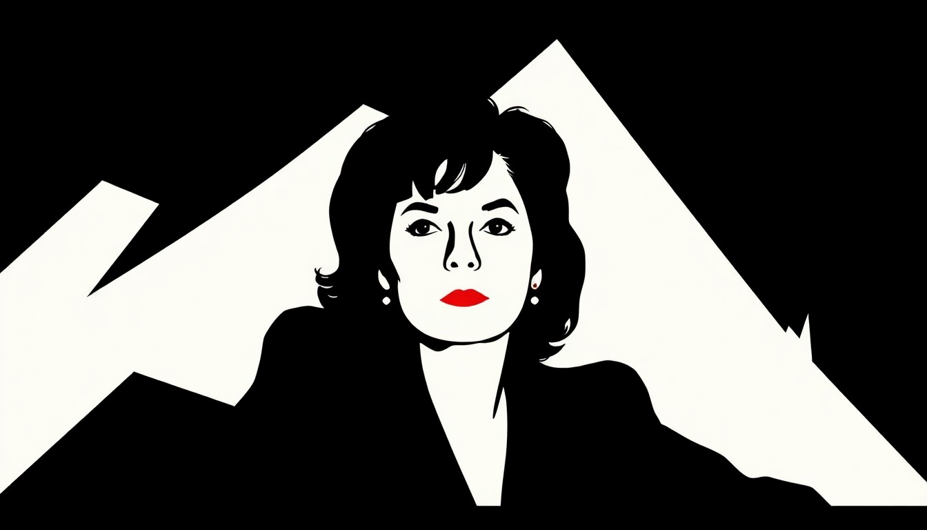 A striking, minimalist composition of bold, jagged geometric shapes in high-contrast red and white, conceptually representing the nuanced, restrained screen presence of the late actress Mary Beth Hurt.