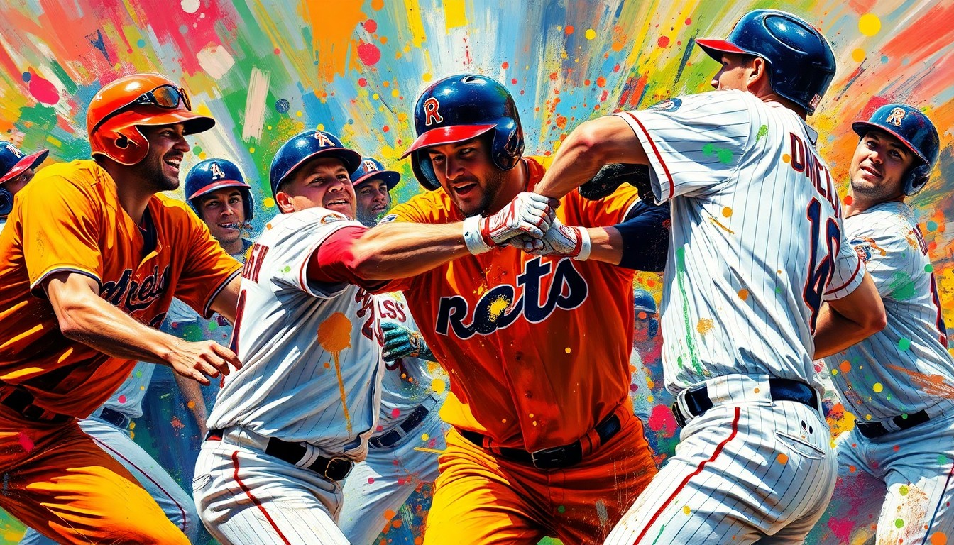 A vibrant, expressionist painting in neon colors depicting the chaotic physicality of a baseball brawl, with players' forms dissolving into abstract brushstrokes and splatters of paint.