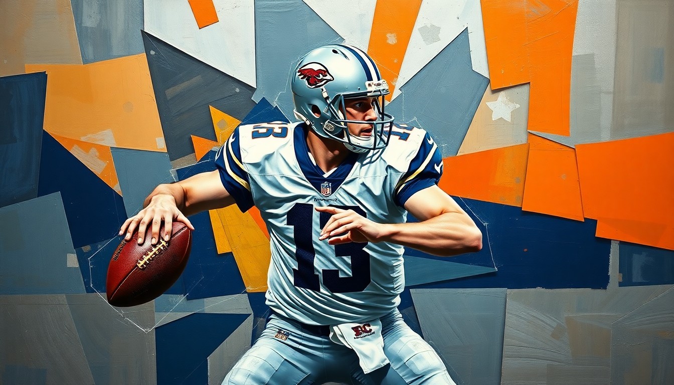A fractured, geometric painting depicting a football quarterback in motion, with sharp planes of silver, navy, and orange hues conveying the competitive tension of a QB battle.