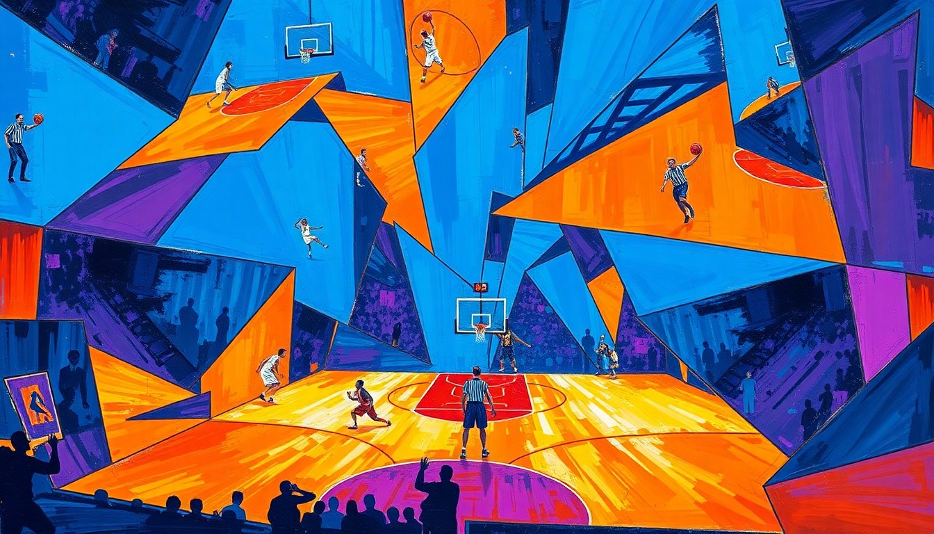 A fragmented, geometric painting in bold, vibrant colors depicting the action and movement of a basketball game or match, with players and the court deconstructed into overlapping angular shapes and planes.
