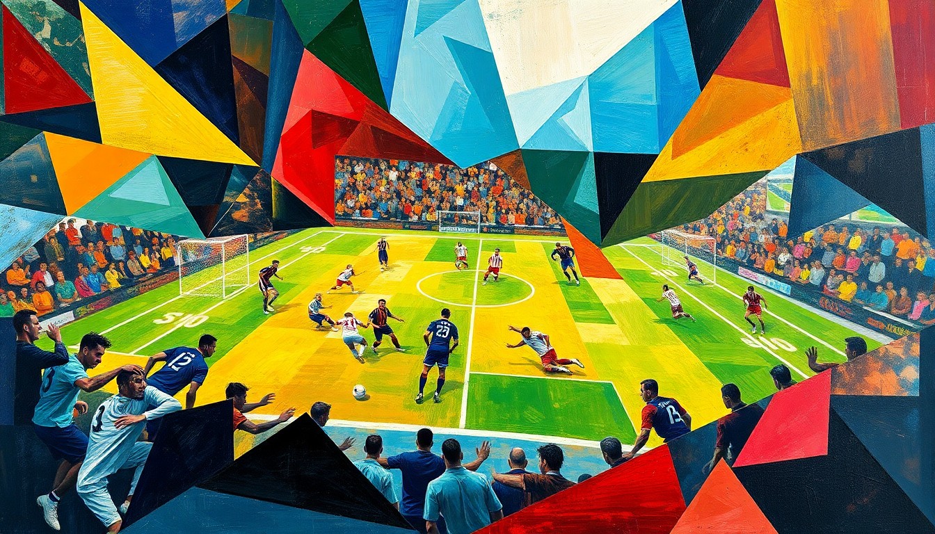 A fragmented, geometric painting depicting a football game or match, with players and the field broken down into sharp, overlapping shapes in a vibrant color palette, conveying the conceptual energy and strategy of the sport.