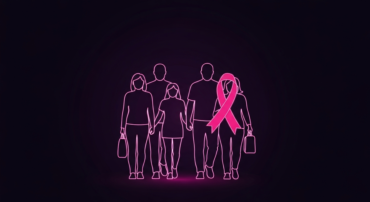 A vibrant, neon-outlined illustration depicting a group of people walking together, with a bright pink ribbon symbolizing cancer awareness, set against a dark background.