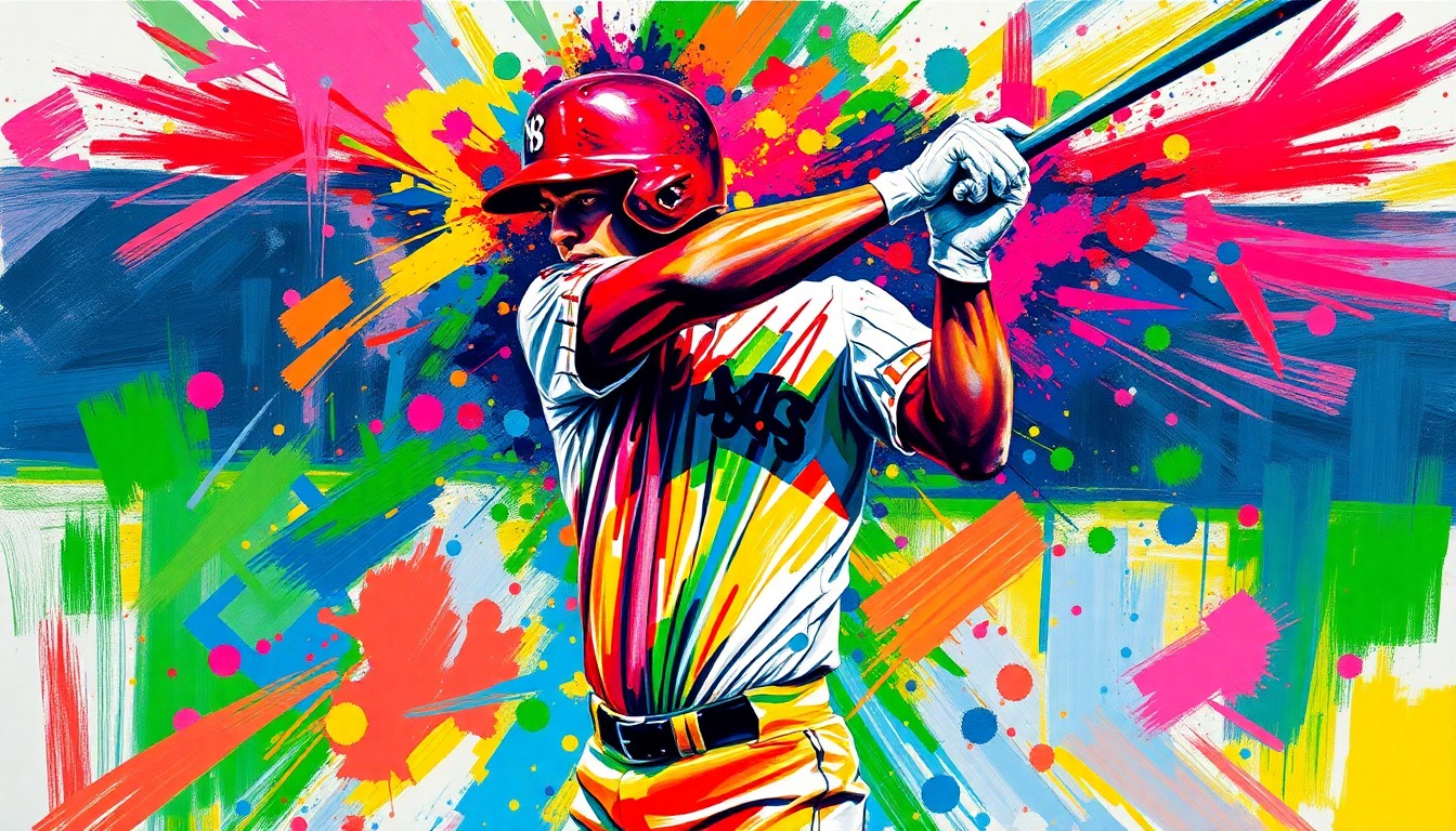 An extreme close-up of a baseball player mid-swing, captured in a vibrant, expressionist style with rapid brushstrokes and neon colors, conceptually representing the raw power and energy of the moment.