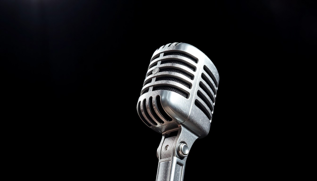 An abstract, high-contrast close-up photograph of the reflective metal surface of a country music microphone, capturing the glamour and energy of a live performance through dramatic lighting and texture.
