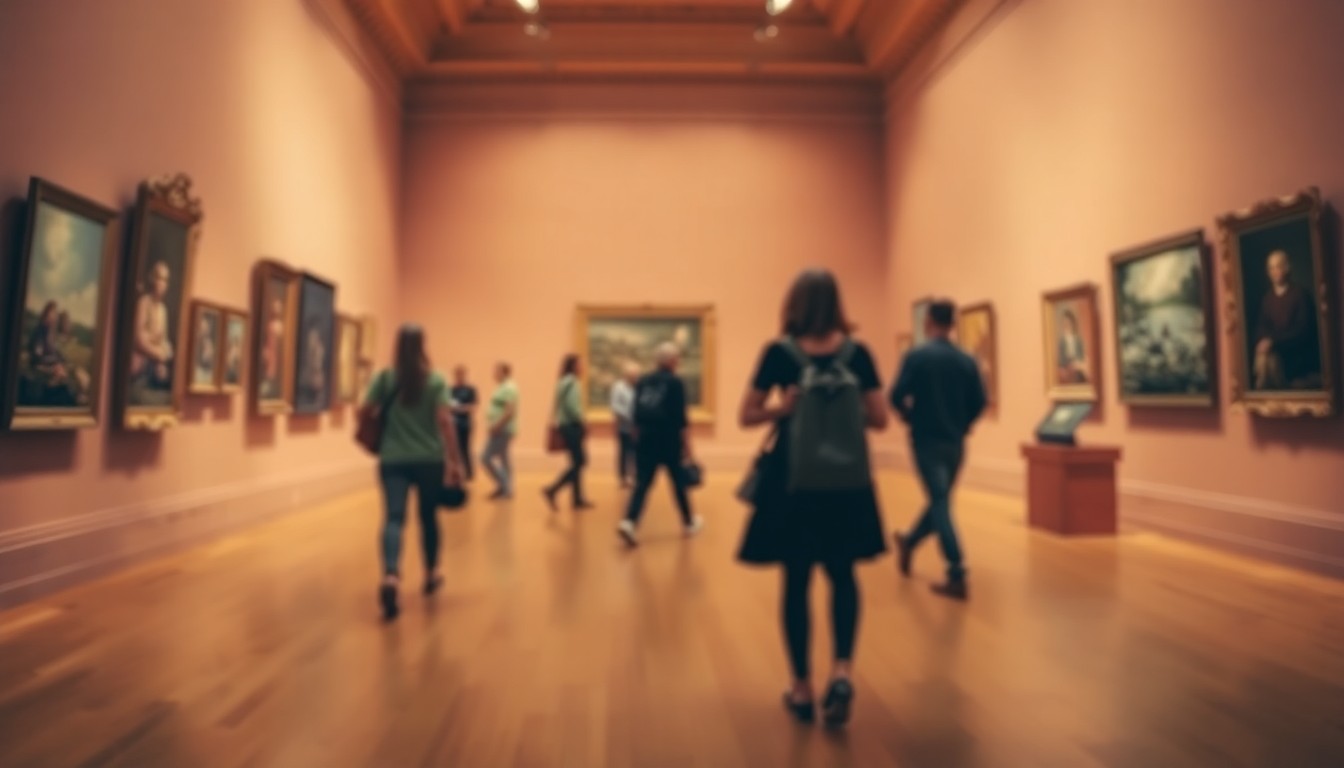 A hazy, impressionistic photograph of an art museum interior, with blurred figures of visitors moving through the space, conveying a sense of warmth, contemplation, and the quiet energy of a cultural institution.