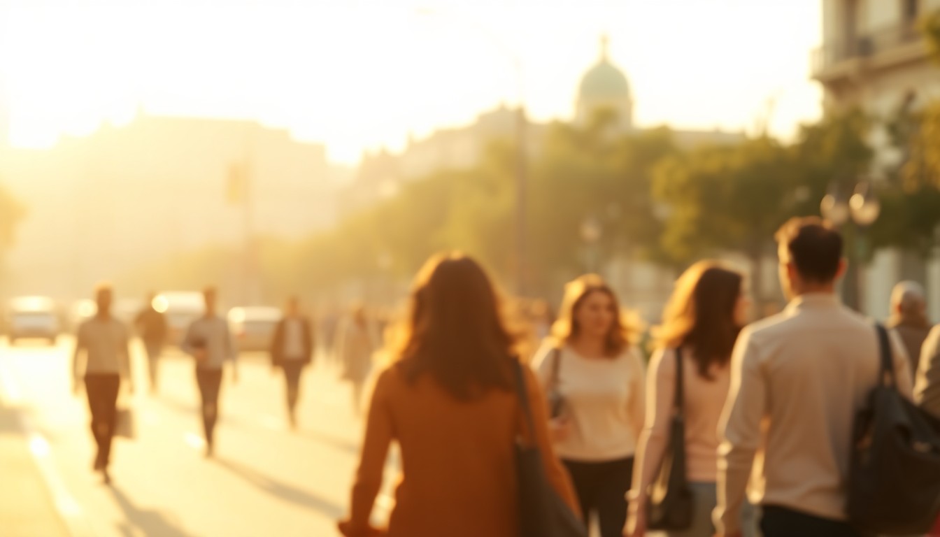 An abstract, out-of-focus photograph in soft, warm tones depicting a group of people walking together on a city street, conceptually representing the community coming together for the Walk to End Homelessness.