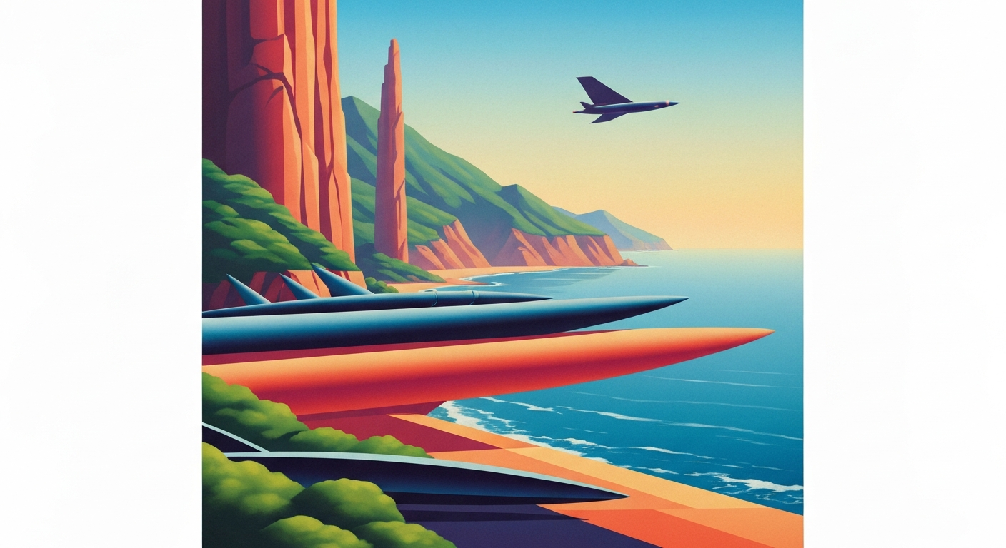 A bold, geometric illustration depicting a sweeping coastal landscape with towering pine trees, misty river views, and a distant lighthouse, capturing the tranquil and romantic essence of the town of Arapahoe, North Carolina.