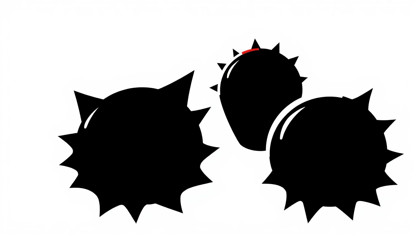 An abstract illustration featuring bold, geometric shapes in black, red, and white, conceptually representing the iconic energy dome hats and visual style of the band DEVO.