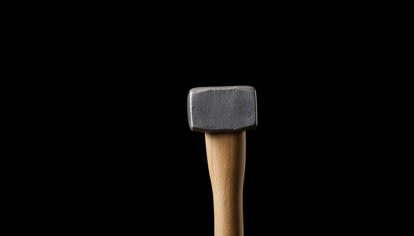 An extreme close-up of a metal hammer head, its surface texture and sharp edges dramatically illuminated by a harsh, direct camera flash against a pitch-black background, conceptually representing the use of tools as weapons in a home invasion.