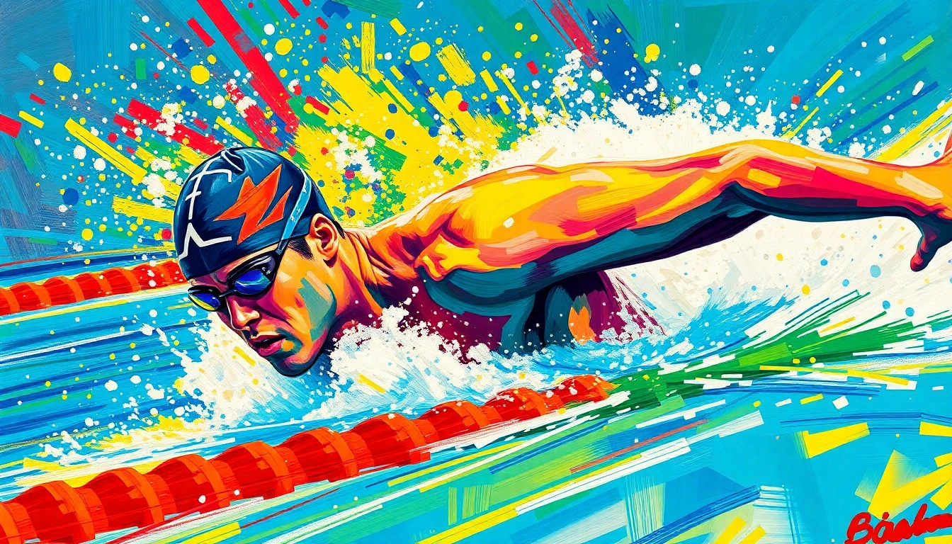 An abstract expressionist painting in neon colors depicting the powerful, fluid motion of a swimmer cutting through the water, representing the breakthrough performance of Brooks Curry in the 100m freestyle.