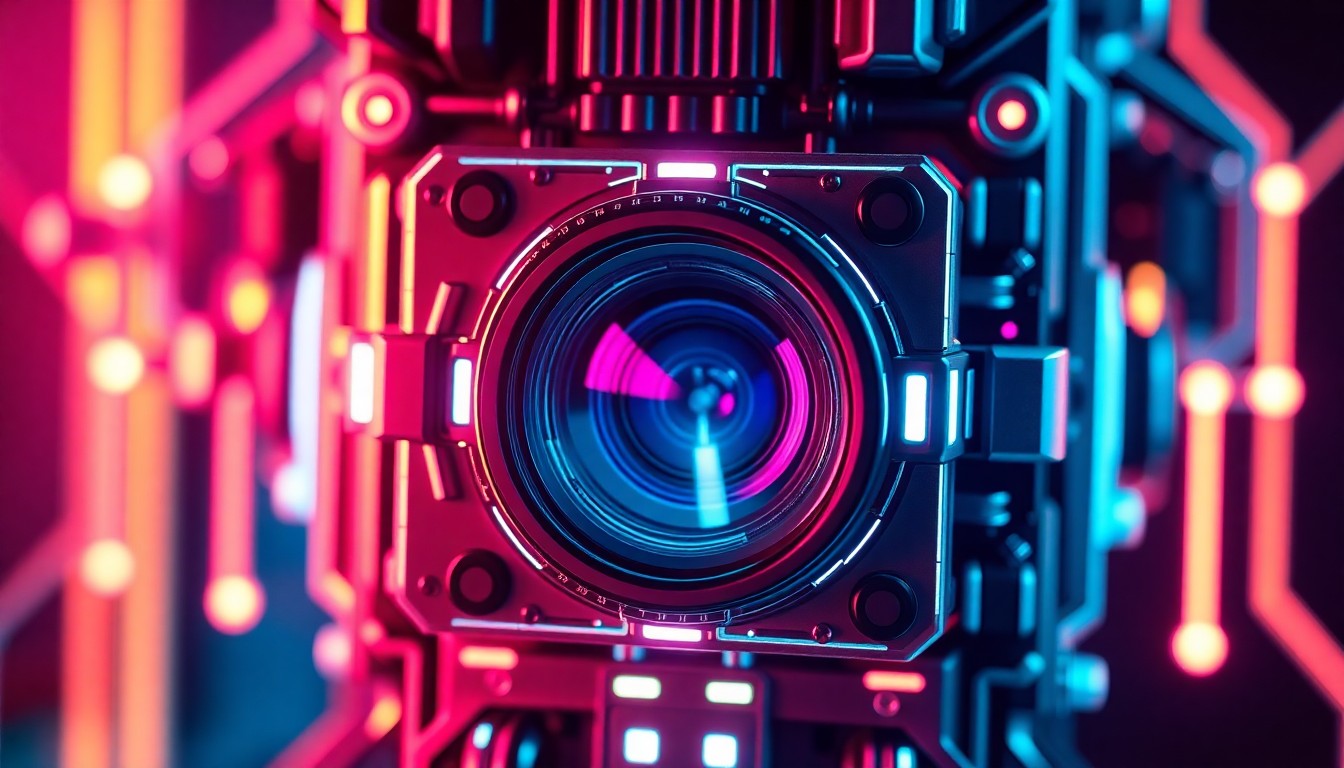A highly detailed, glowing 3D macro illustration of a facial recognition camera module, with neon cyan and magenta lights illuminating the intricate cybernetic hardware, conceptually representing the risks of AI-powered surveillance technology.