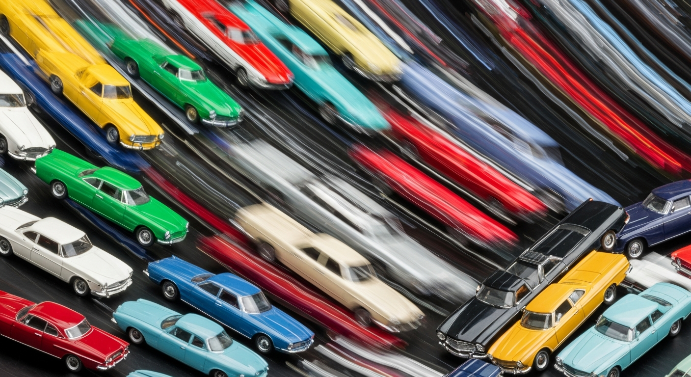 An abstract, colorful image featuring blurred streaks of various miniature classic cars, conveying a sense of speed, movement, and the joy of collecting these diminutive duplicates.
