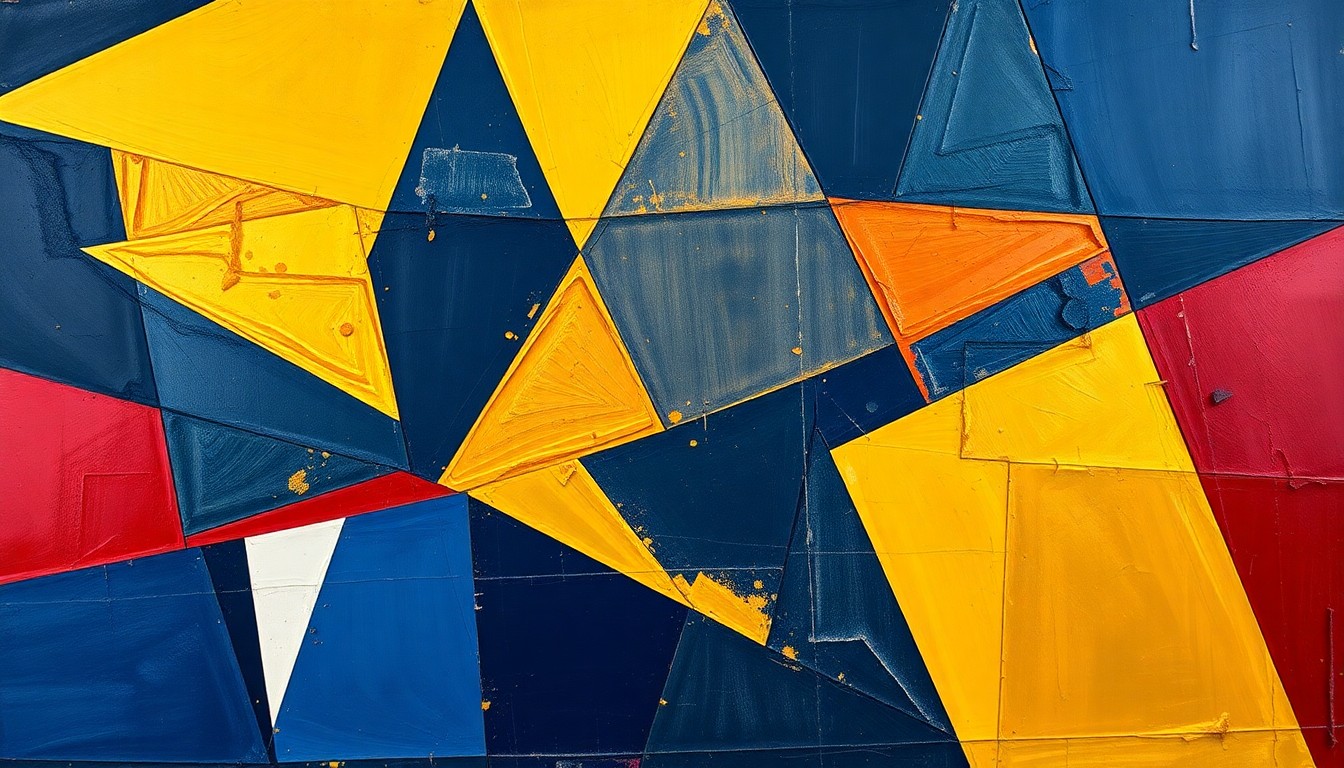 A cubist, geometric painting depicting a fragmented basketball game, with sharp planes of navy, gold, and crimson red overlapping to create a dynamic, multi-perspective scene.