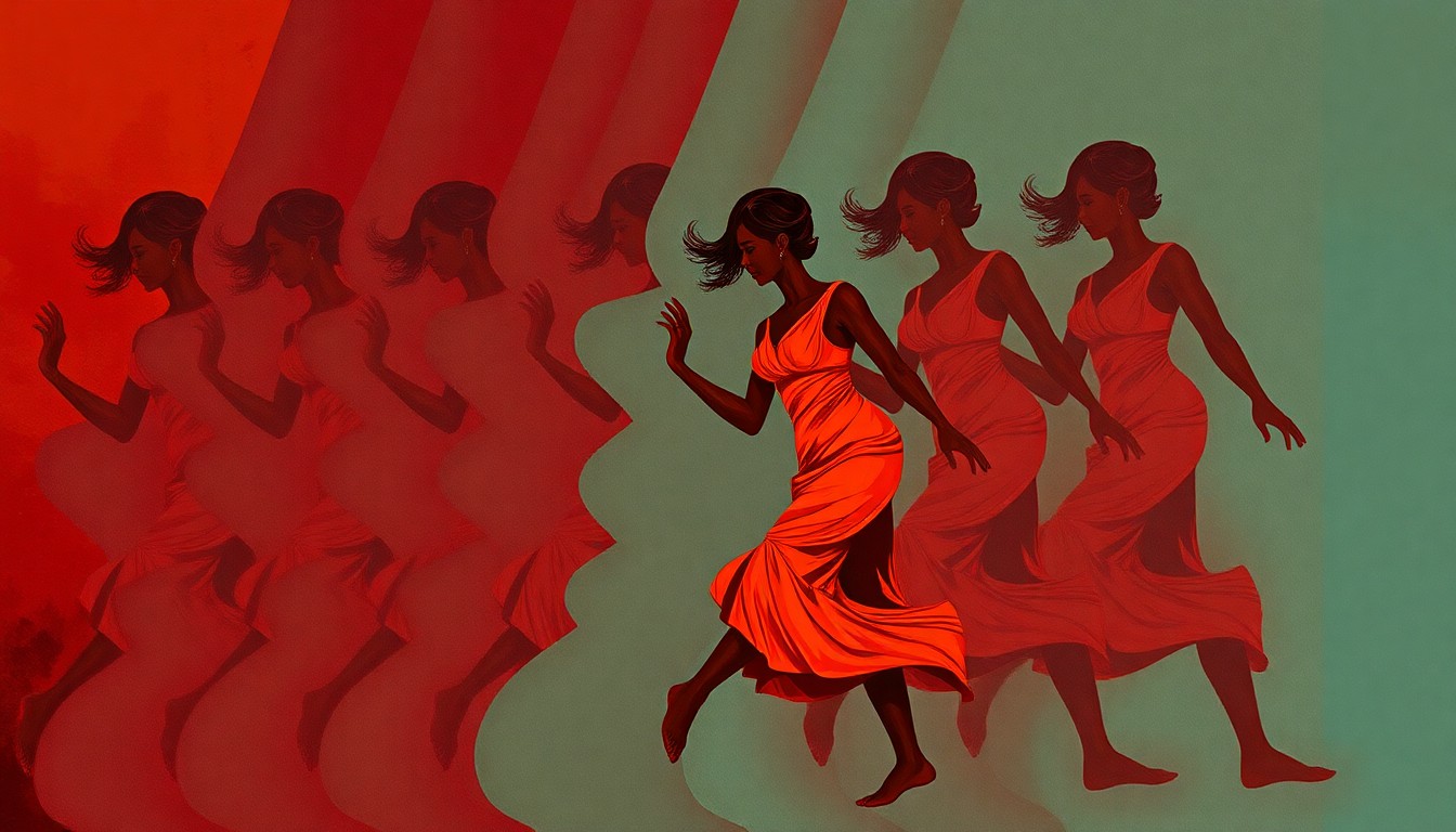 A heavily textured, fragmented painting of a female figure in motion, repeated in overlapping geometric shapes of deep red, burnt orange, and muted teal, conceptually representing the harmful cultural practice of female genital mutilation.