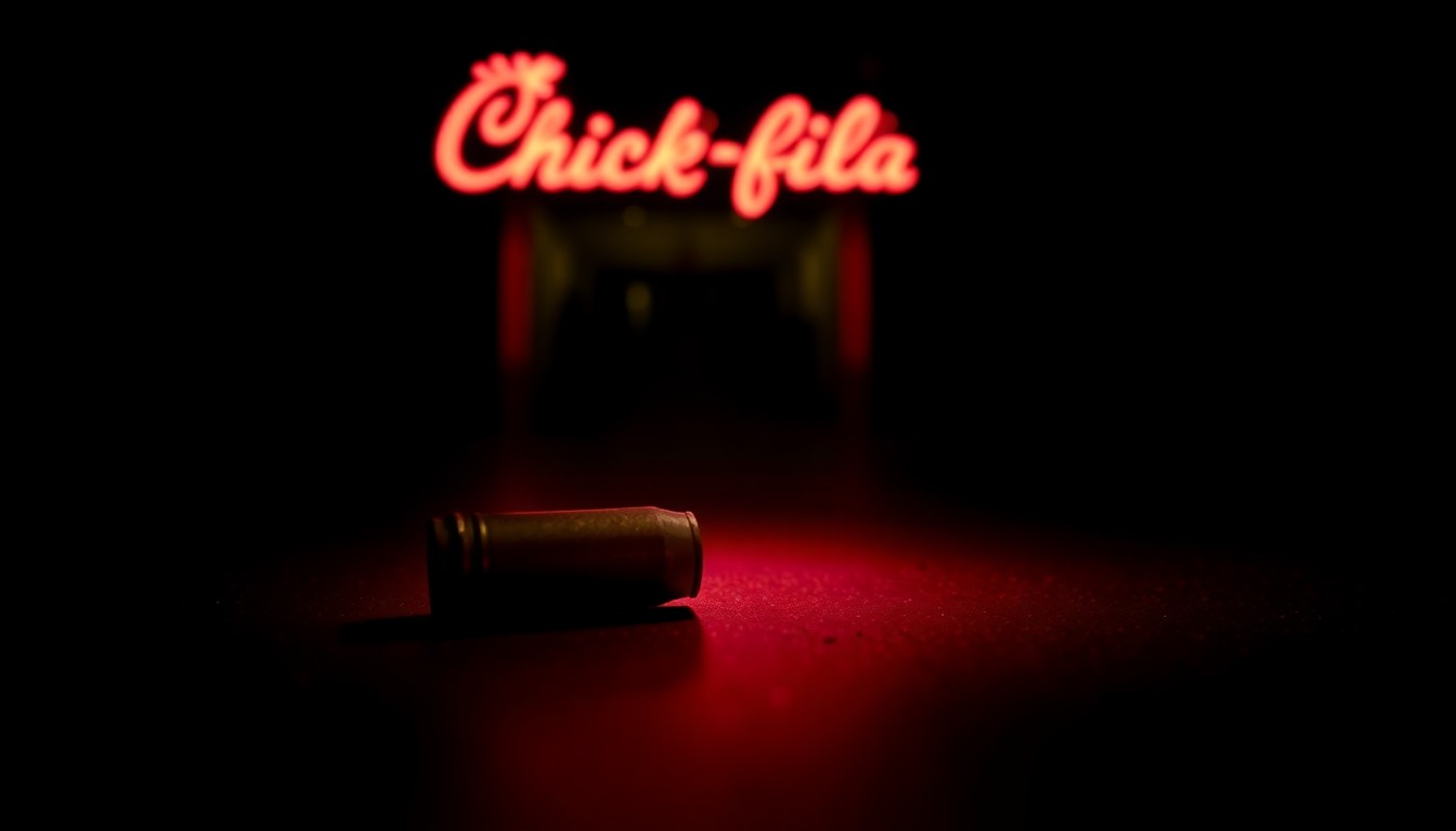 An extreme close-up photograph of a single spent bullet casing on the dark floor, capturing the stark, gritty aftermath of a shooting incident.
