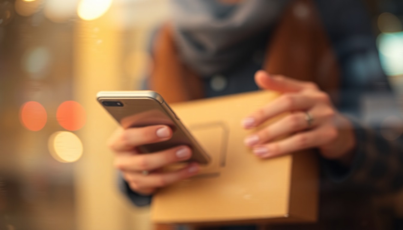An extremely blurred, warm-toned photograph of a person's hands holding a smartphone and a package, conceptually representing the frustration and uncertainty of a missing online order.