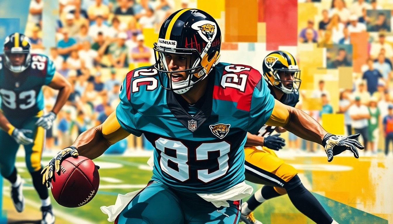 A fragmented, geometric painting depicting a football player in motion, with sharp planes of teal, black, and gold representing the player's movements and positions on the field.
