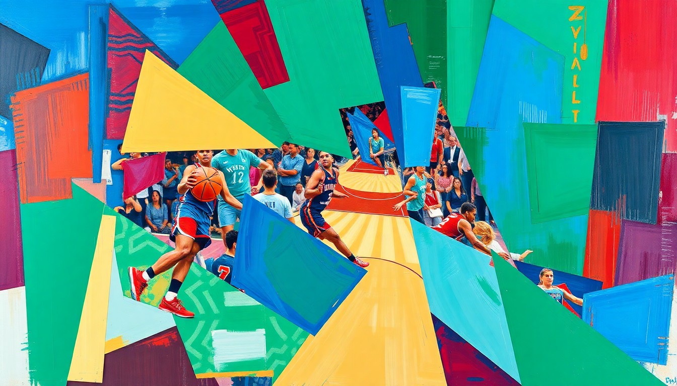 A cubist-style painting depicting a WNBA basketball game or action, with the players and court broken down into sharp, overlapping geometric shapes in vibrant colors, capturing the dynamic energy of the sport.