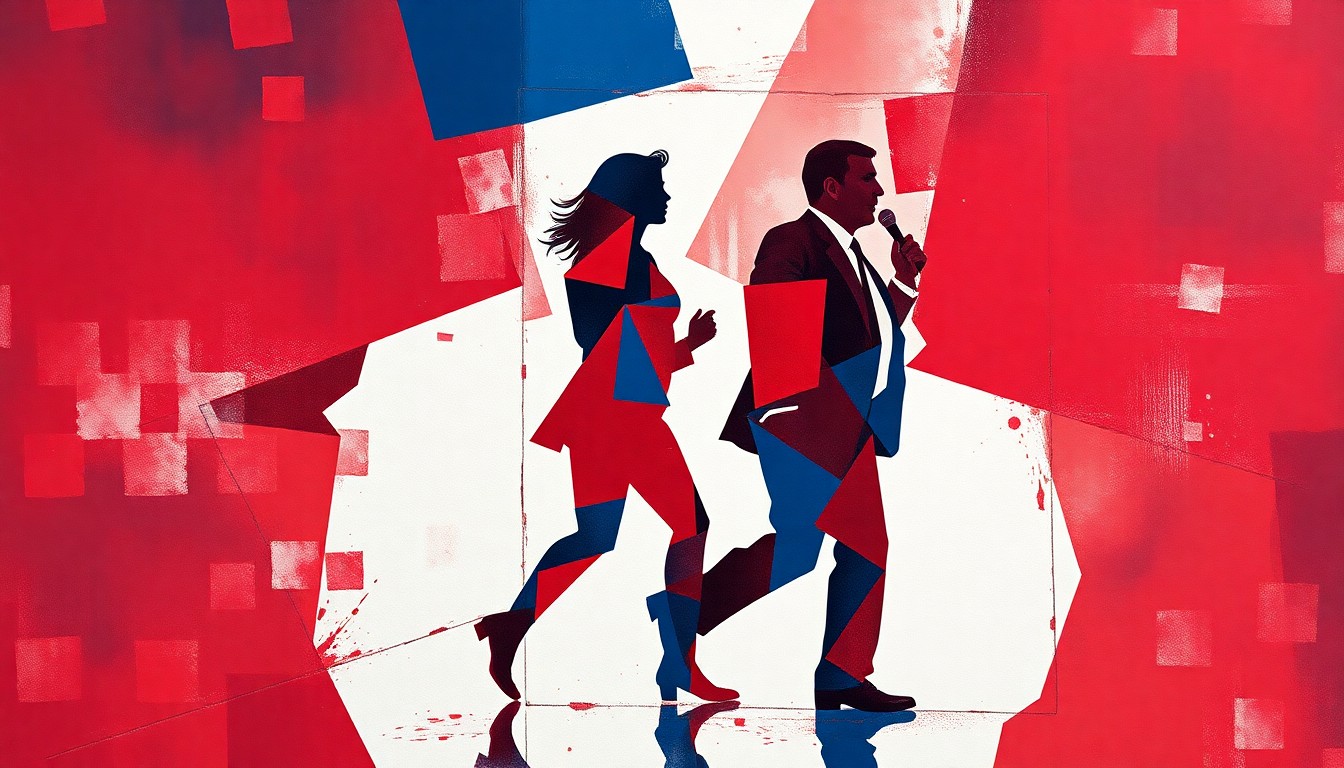 A dynamic, abstract painting in red, white, and blue featuring overlapping, fractured shapes and silhouettes of two figures, conveying a sense of political tension and uncertainty.