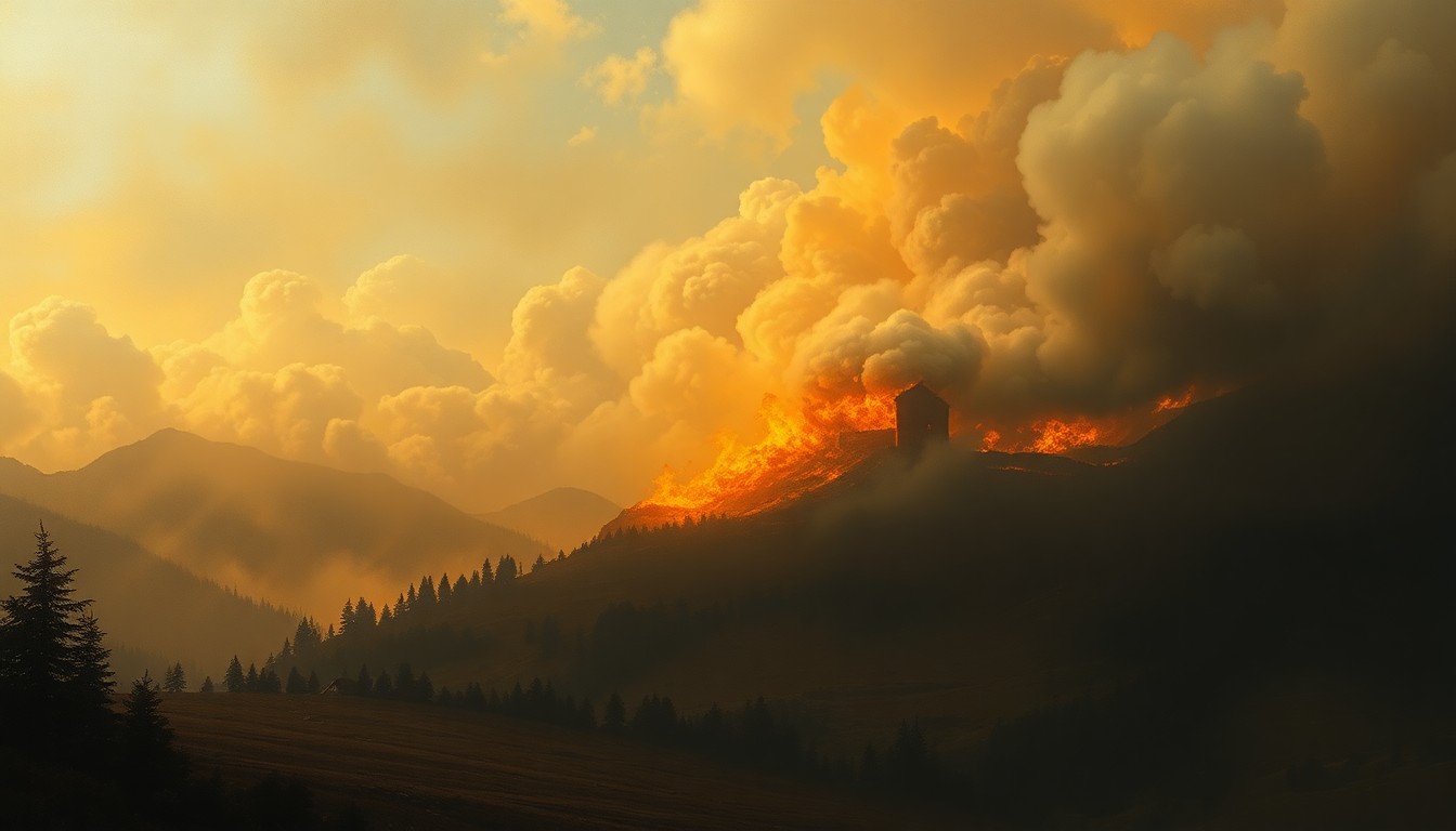 A sweeping, atmospheric landscape painting in muted earth tones, with a distant house fire visible through thick, billowing smoke, conveying a sense of the natural world's raw, sublime power.